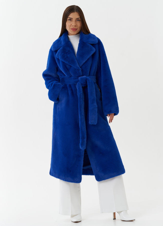 Пальто из эко меха с поясом модель № 27798 меха малина