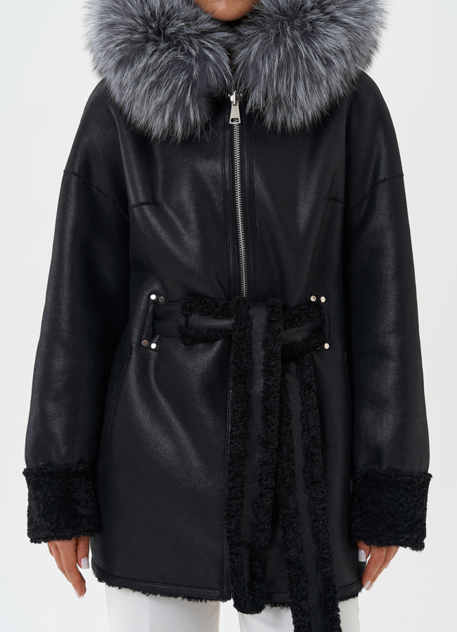 Двухсторонняя дубленка из эко кожи с капюшоном модель № 27772 универмаг малина