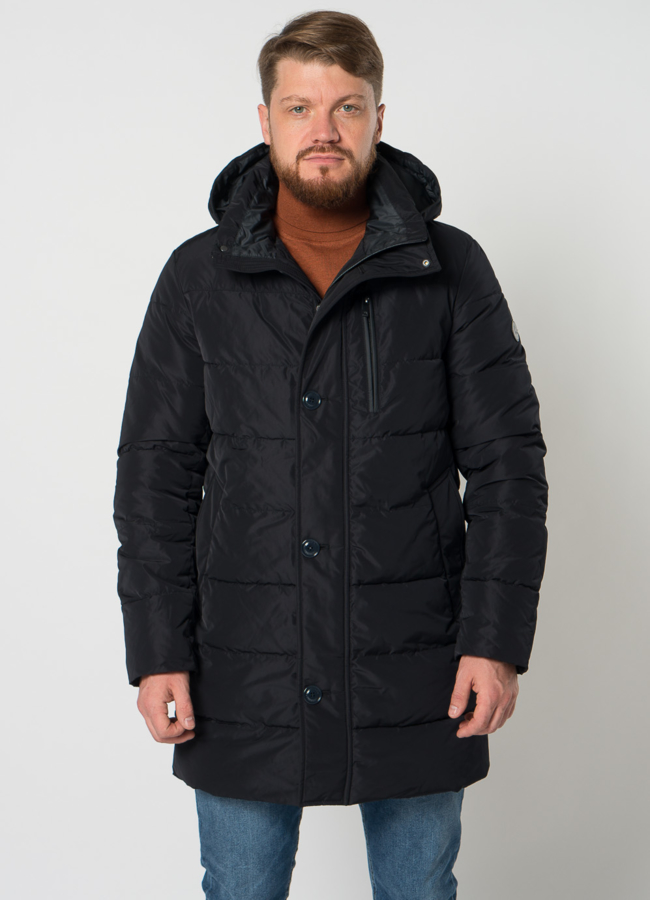 Пуховик мужской в синем цвете с капюшоном модель № 21568 меха малина