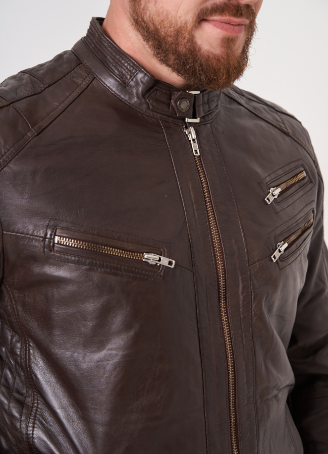 Кожаная коричневая куртка на молнии со стойкой модель № 775 в рассрочку