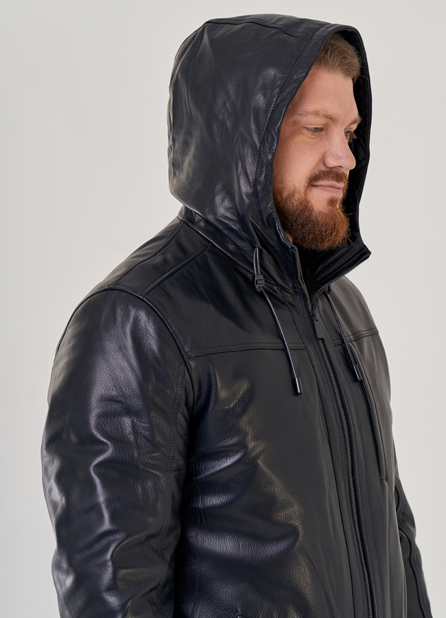 Мужская кожаная куртка с капюшоном модель № 23146 универмаг малина