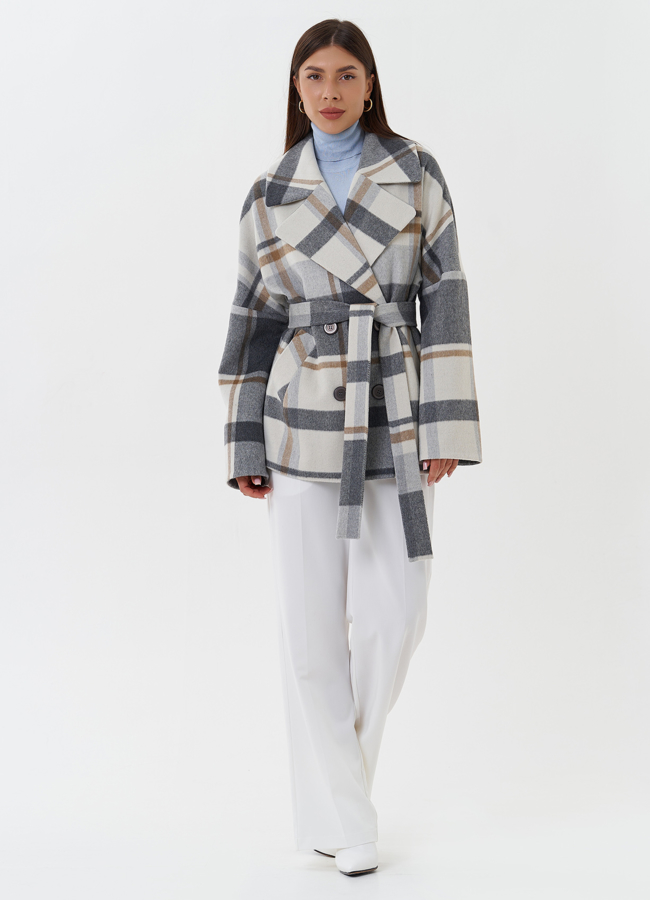 Укороченное пальто с принтом клетка модель № 27674 меха малина