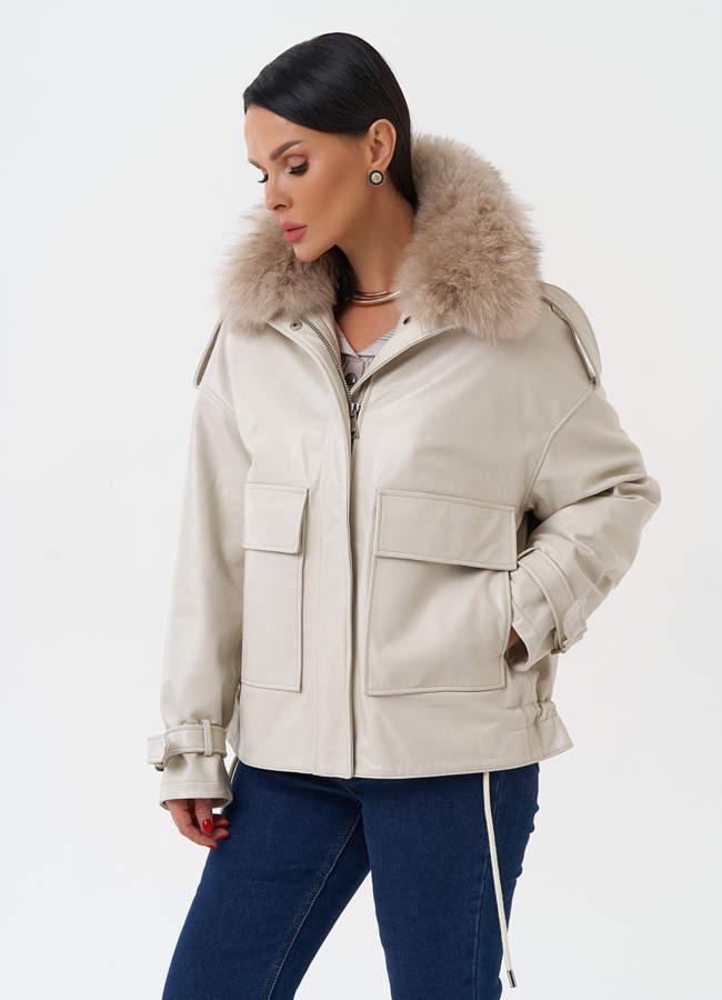 Женский кожаный пуховик с отделкой из песца модель № 28525 универмаг малина