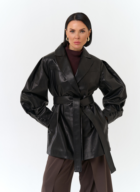 Жакет из натуральной кожи с поясом