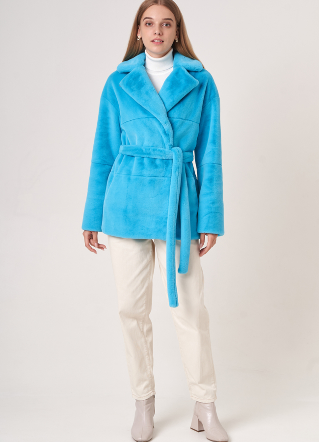 Укороченная эко шуба под норку бирюзового цвета модель № 812 меха малина