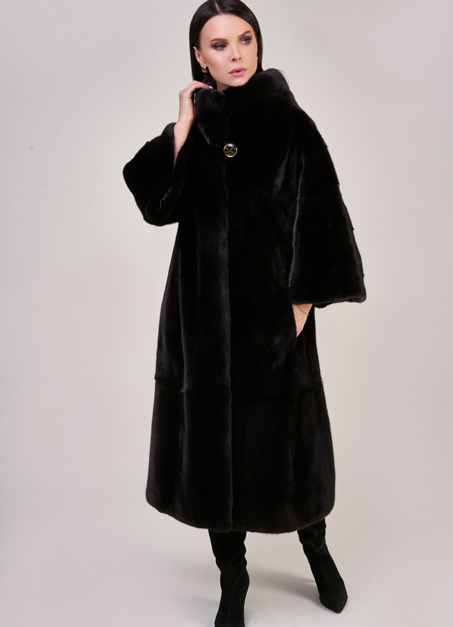 Шуба из норки nafa черного цвета расклешенная модель № S-842 меха малина