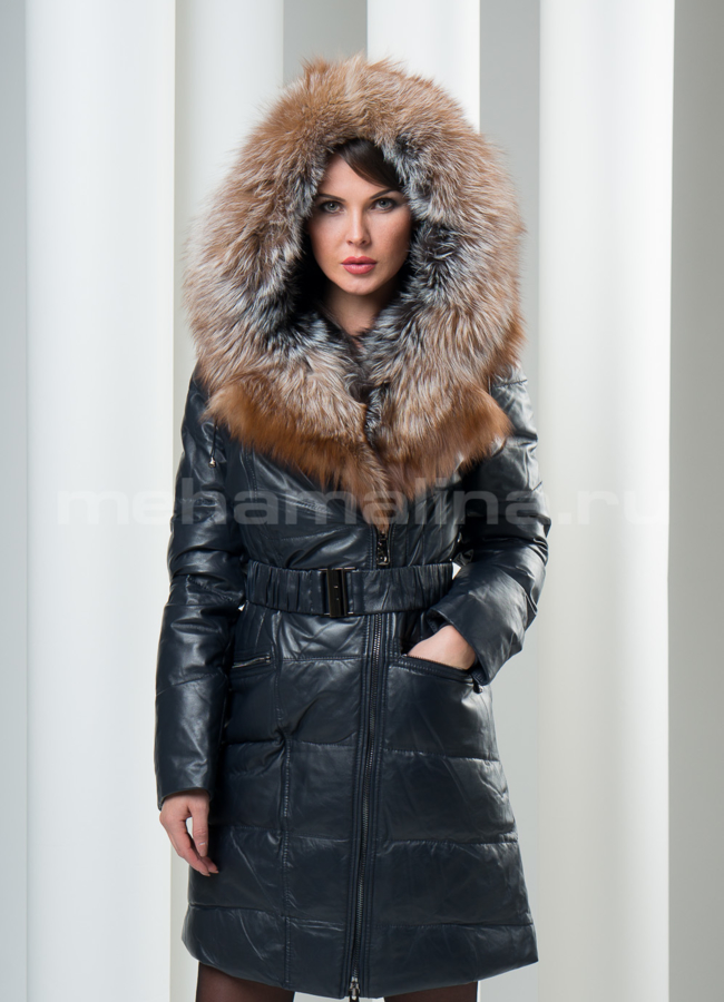 фото Синий кожаный пуховик с капюшоном модель № П-21