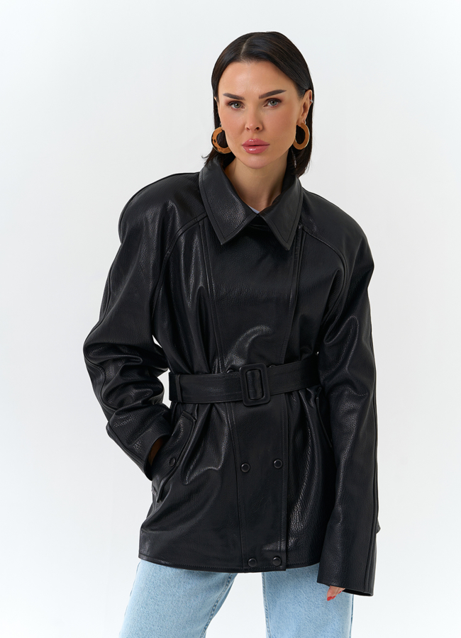 Женская куртка из натуральной кожи  с поясом модель №  меха малина