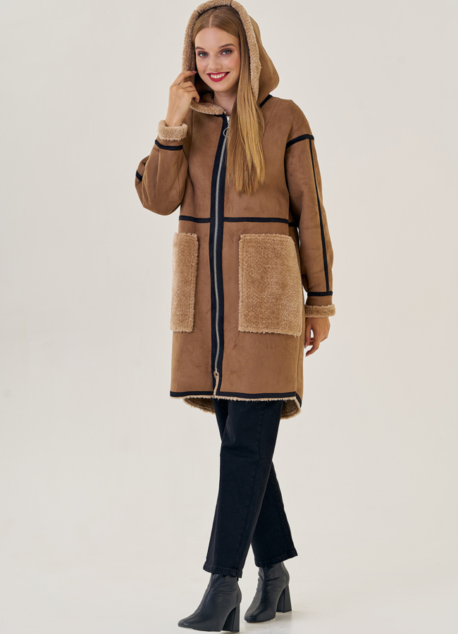 Женская эко дубленка с капюшоном модель № 22958 универмаг малина