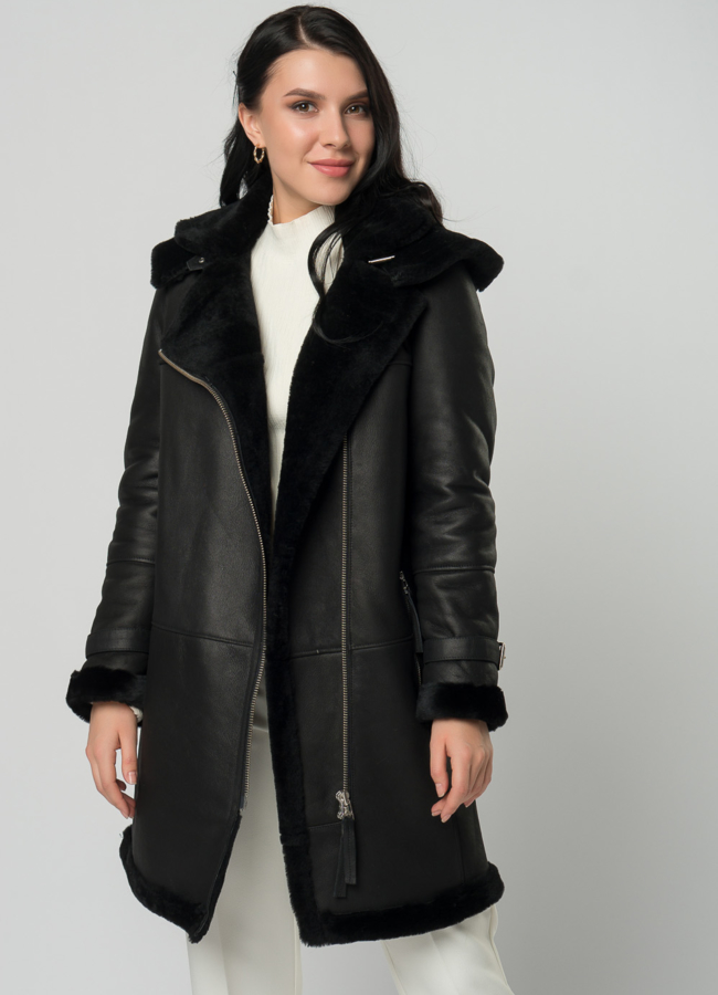 Дубленка из натурального меха с капюшоном модель № 72987 универмаг малина