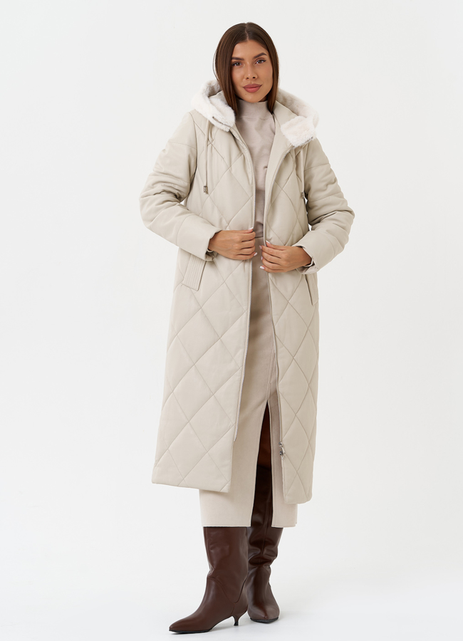 Женский стеганый пуховик из эко кожи с капюшоном модель № 27731 универмаг малина