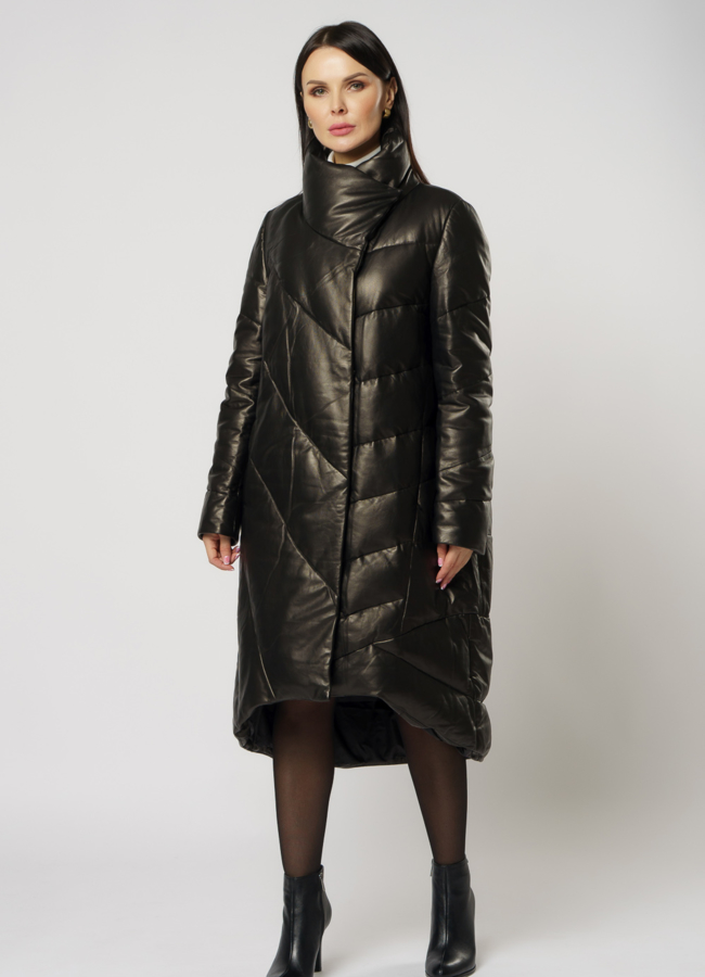 Черный кожаный пуховик на молнии со стойкой модель № 7209 в рассрочку