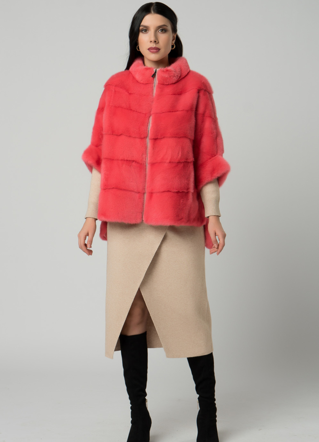 фото Короткая шуба на молнии розового цвета модель № 21914