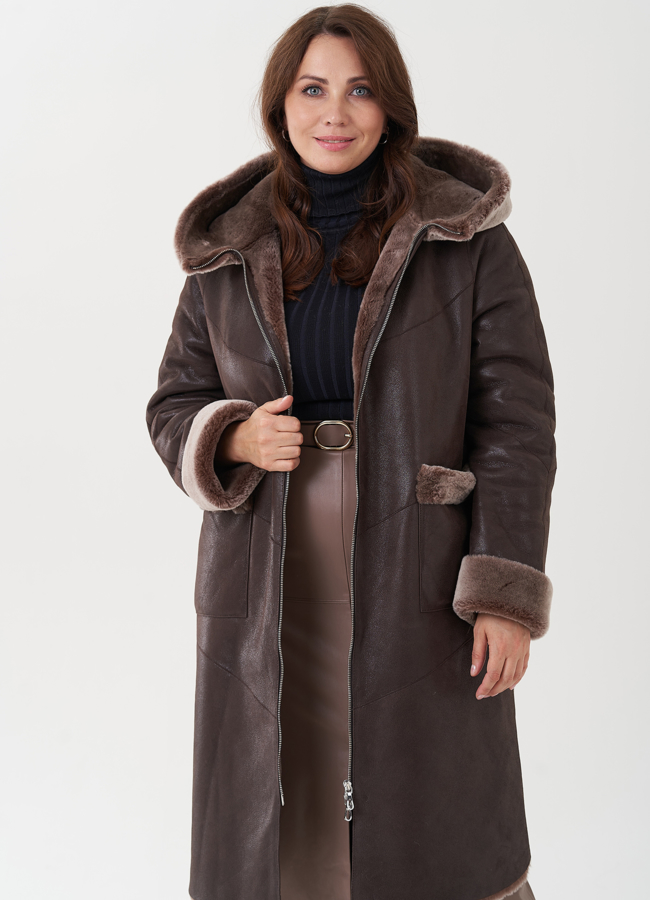 Женская дубленка с капюшоном  модель № 81838 в кредит