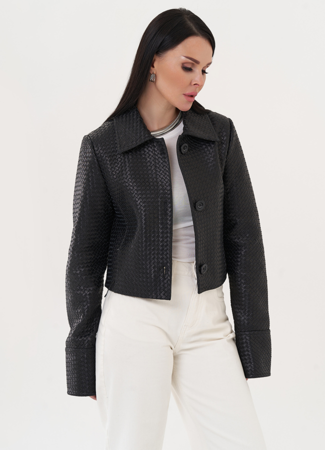 Жакет из натуральной кожи с плетением модель № 26951 универмаг малина