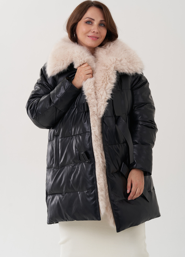 Пуховик из эко кожи с воротником из эко меха  модель № 24868 меха малина