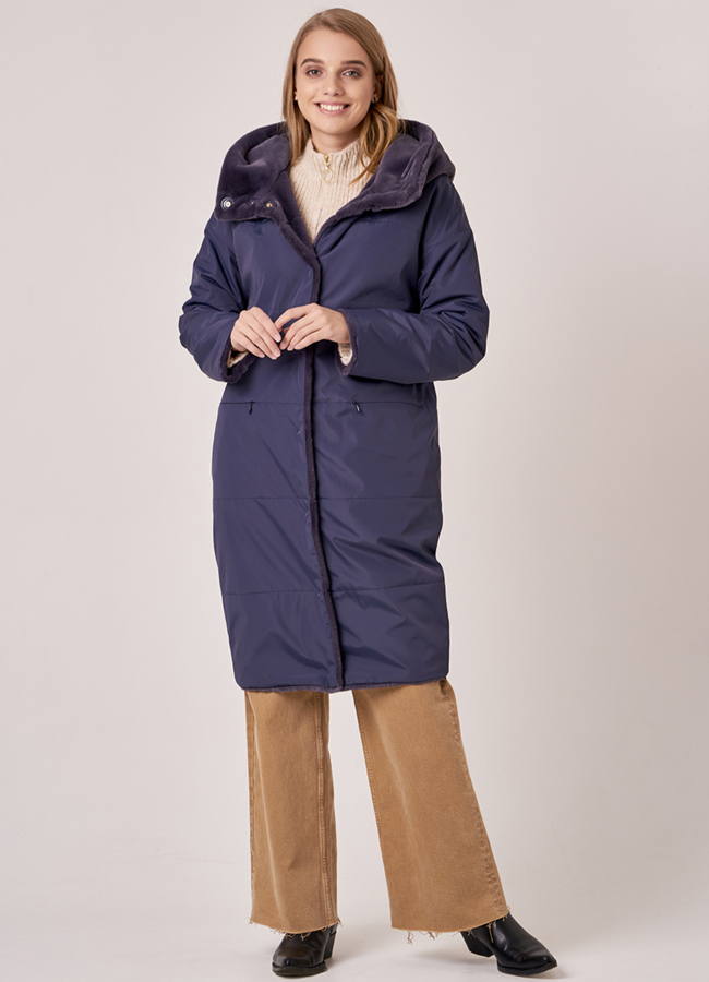 Эко шуба синего цвета с капюшоном модель № 19075 универмаг малина