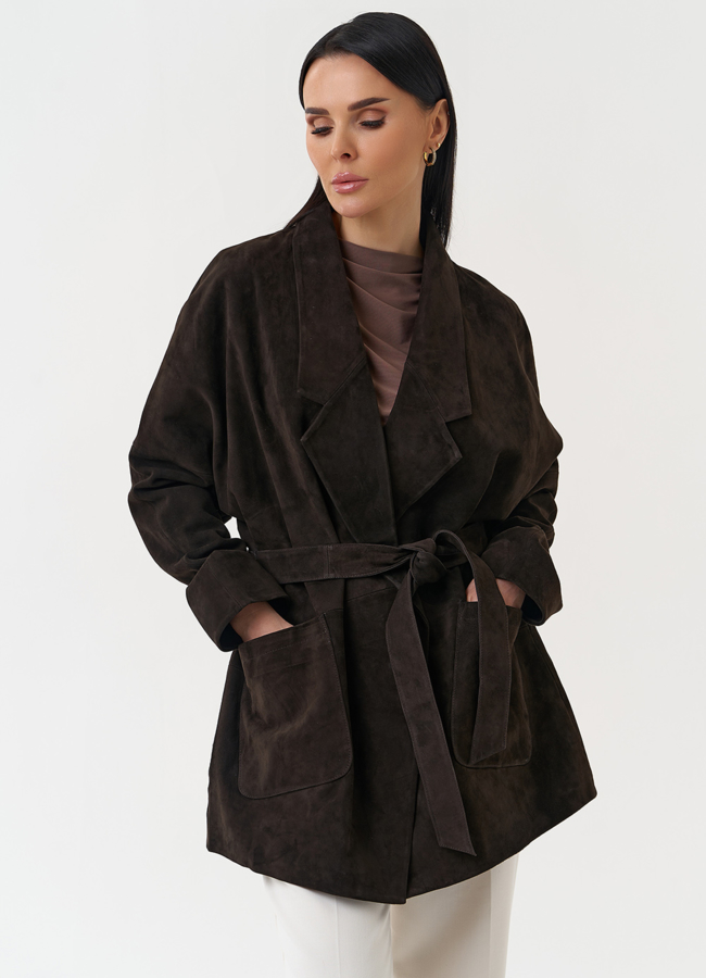 Куртка из натуральной замши коричневого цвета модель № 30400 меха малина Куртка из натуральной замши коричневого цвета модель № 30400 меха малина