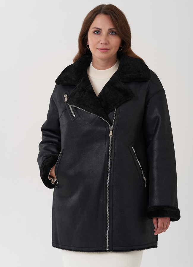 Женская дубленка из эко замши  модель № 25413 меха малина