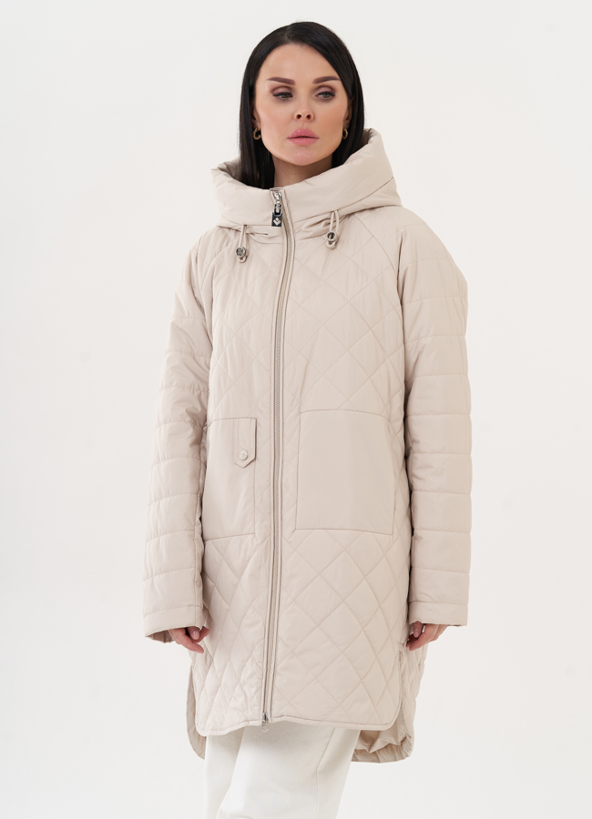 Пуховик с капюшоном бежевого цвета модель № 26983 меха малина