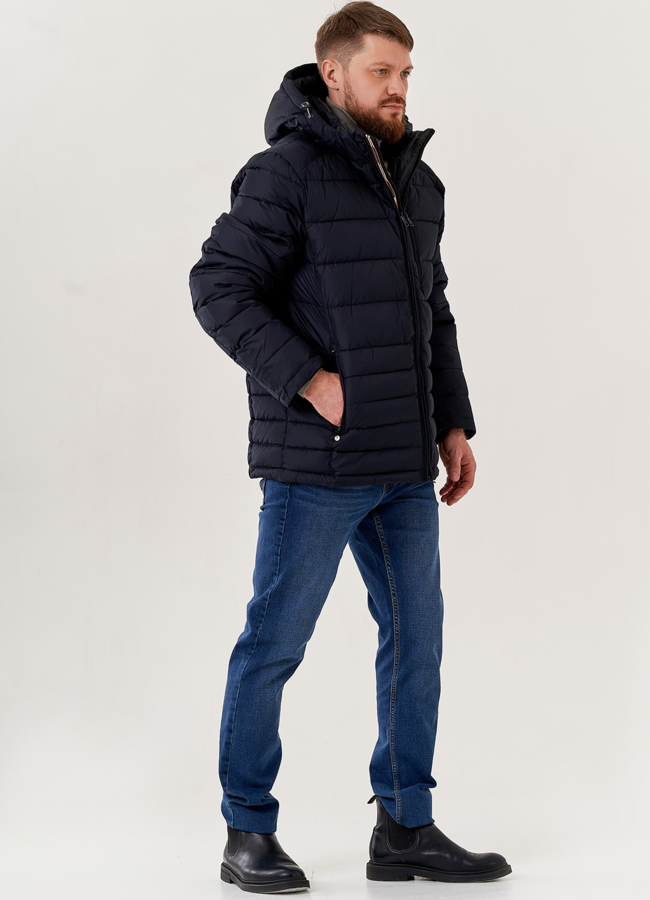 Мужской пуховик синего цвета с капюшоном  модель № 79624 в кредит
