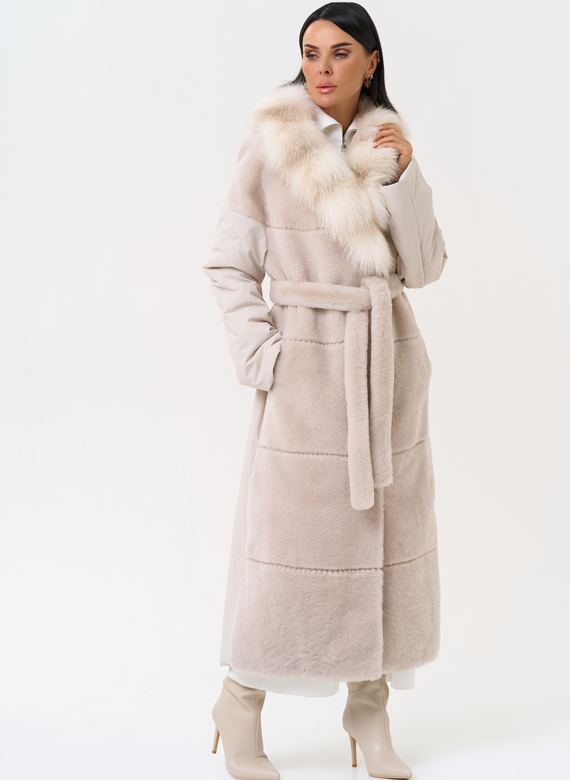 Комбинированное женское пальто из меха овчины с поясом
