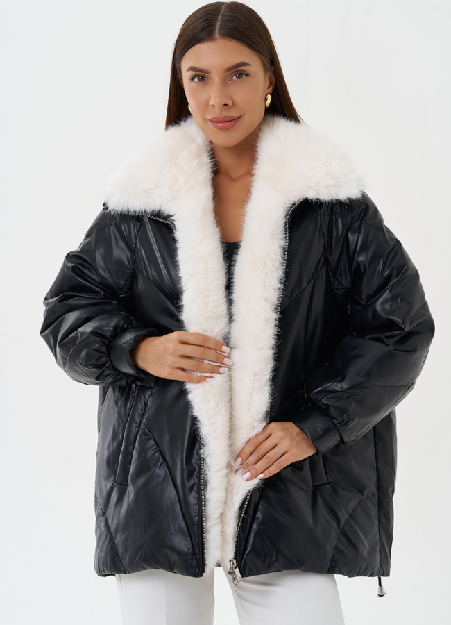Пуховик из эко кожи с воротником из эко меха модель № 25468 меха малина