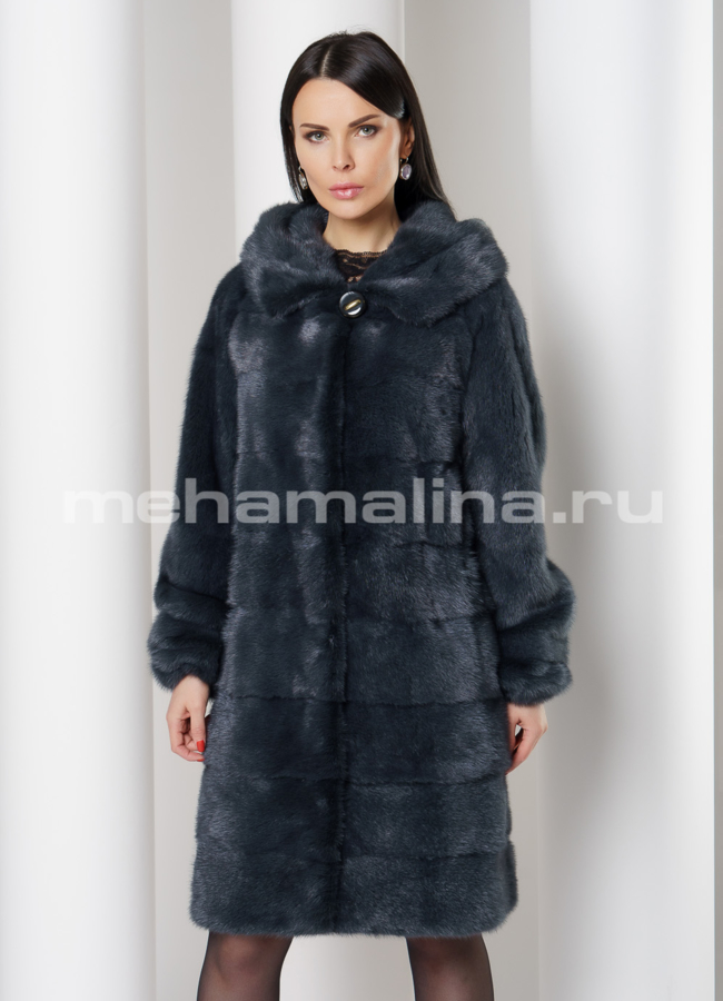 Норковая шуба поперечная с капюшоном модель № S-764 меха малина