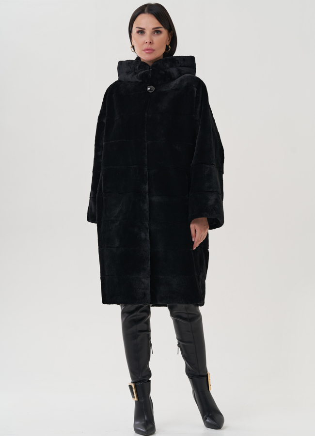 Шуба их меха кролика с капюшоном черного цвета модель № 25334 универмаг малина