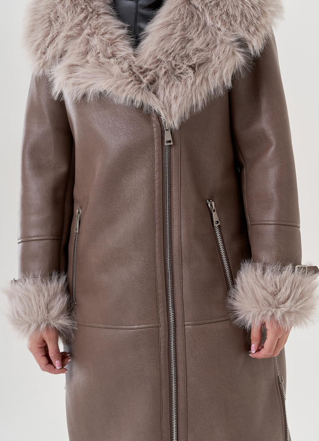 Женская дубленка из эко кожи с отделкой под тоскану  модель № 79494 универмаг малина