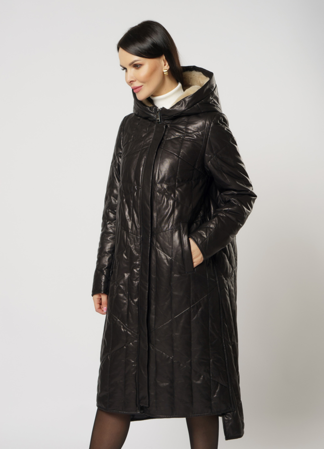 фото Кожаный пуховик на молнии с капюшоном модель № 2091