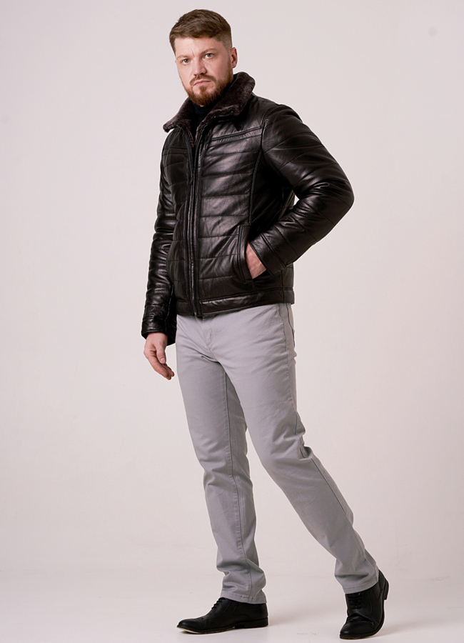 фото Кожаный пуховик с отделкой из овчины модель № 215