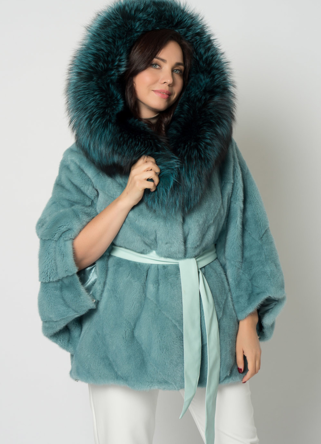 Шуба из норки в зеленом цвете модель № 19196 меха малина
