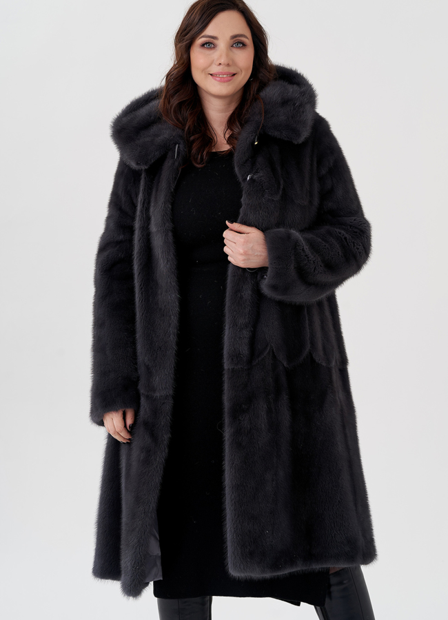 Длинная классическая шуба из норки с капюшоном модель № 23166 универмаг малина