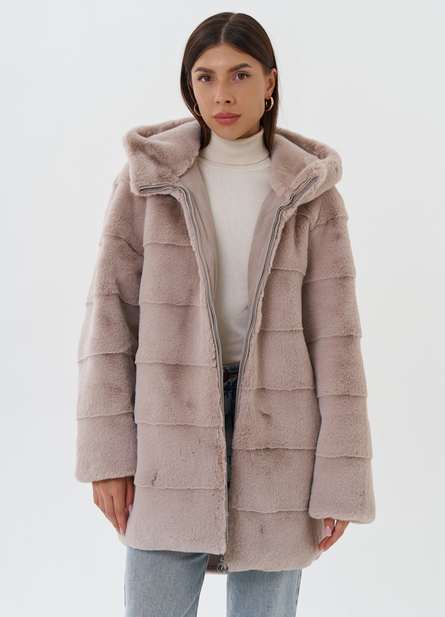 Женское пальто из эко меха с капюшоном модель № 27744 в рассрочку