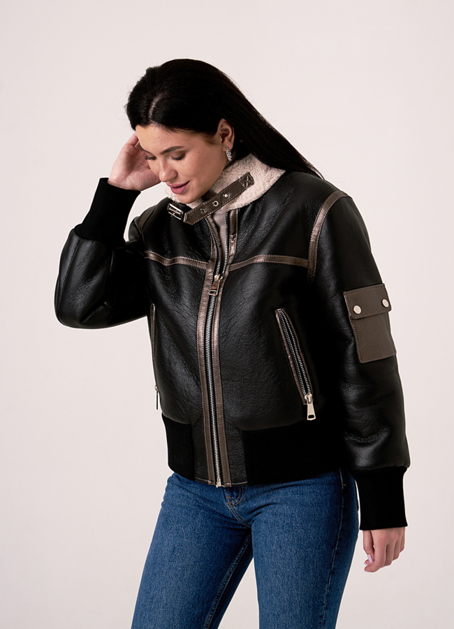 Укороченная черная дубленка пилот модель № 2051 универмаг малина