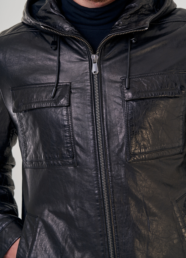 Мужская кожаная куртка с капюшоном модель № 80596 универмаг малина