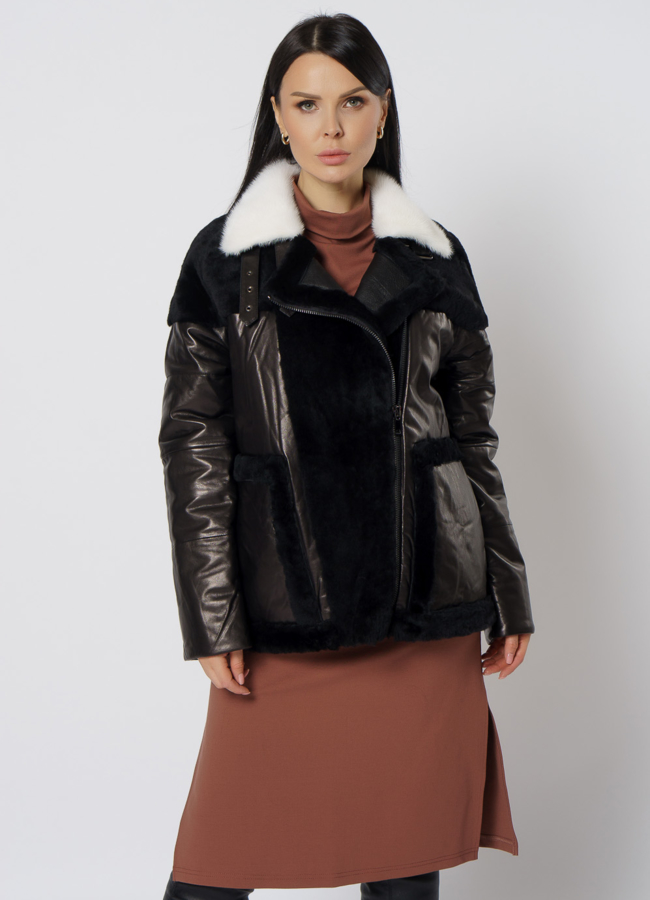 Куртка из натуральной кожи с норкой модель № 21797 меха малина