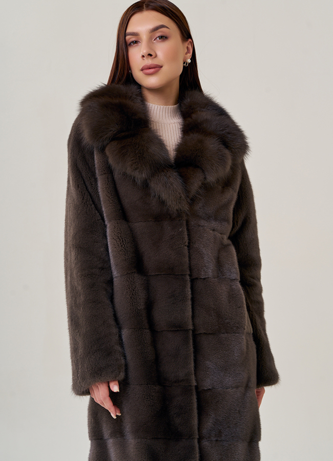 Длинная шуба из норки с куницей модель № 2202 универмаг малина