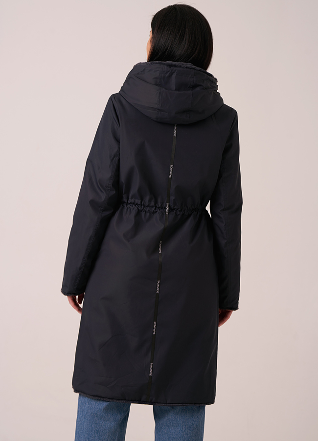 Шуба из искусственного меха двусторонняя синего цвета  модель №  1062 в рассрочку