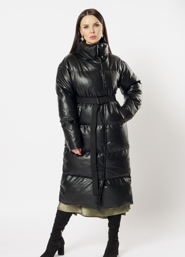 Пальто женское из экокожи черного цвета модель № 718-1 в рассрочку