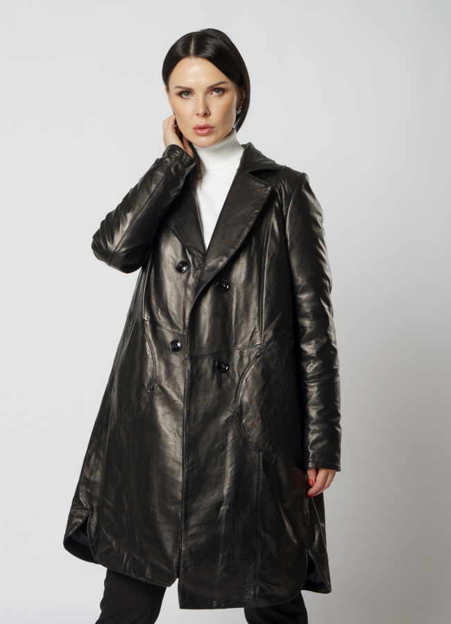 Полупальто из натуральной кожи черного цвета модель № 18237 универмаг малина