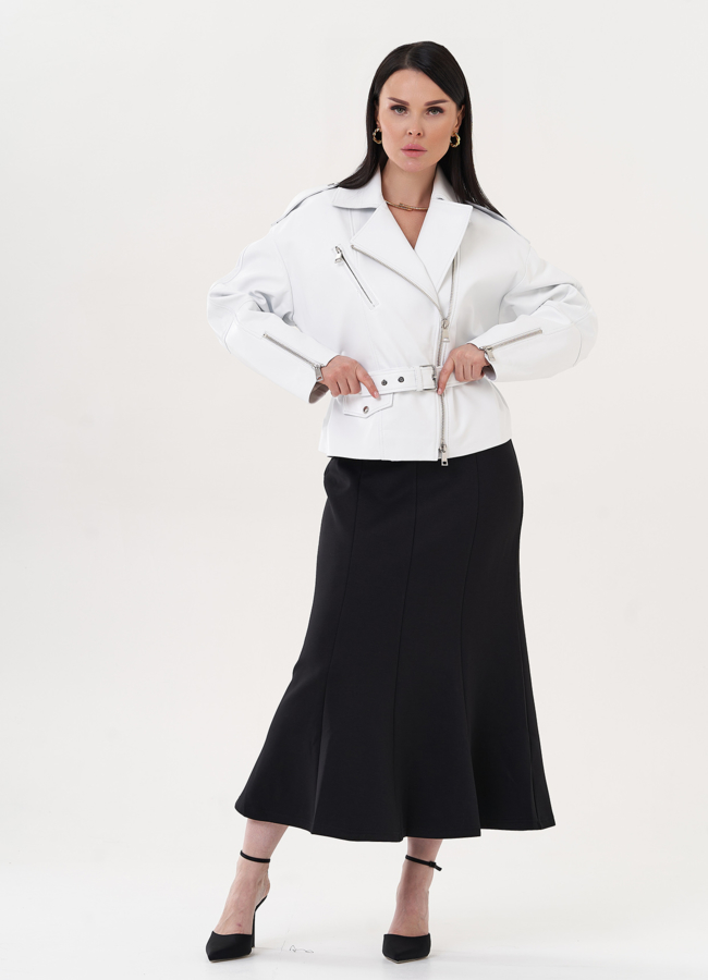 Куртка из натуральной кожи белого цвета  модель № 500140 меха малина