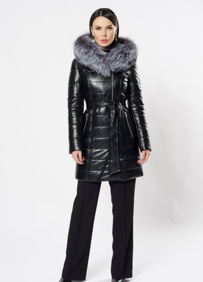 фото Пуховик из эко кожи с капюшоном  модель № 8779