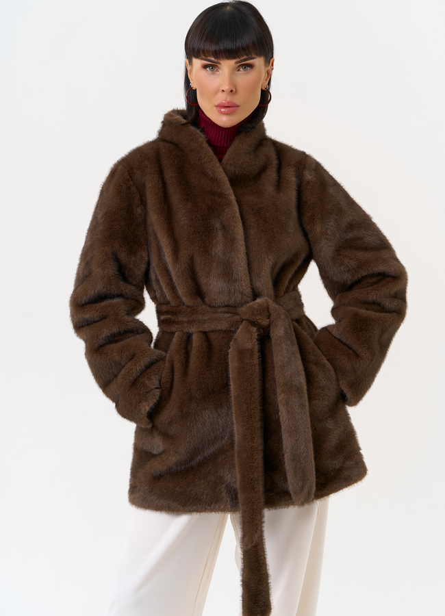 Женская шуба из эко меха с поясом модель № 31252 меха малина Женская шуба из эко меха с поясом модель № 31252 меха малина