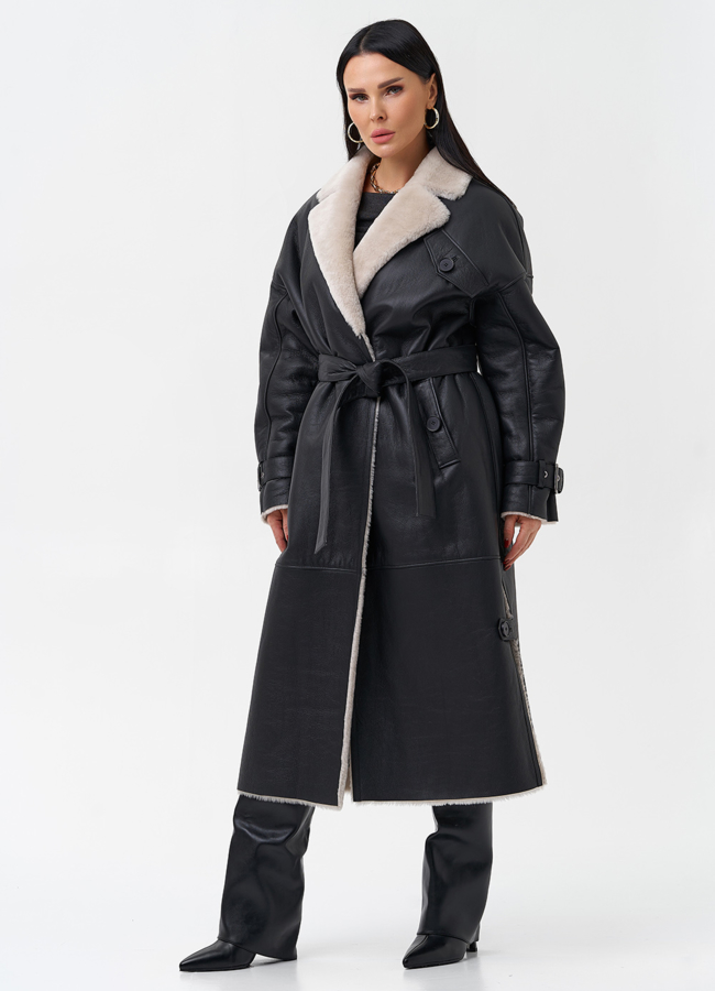 Удлиненная женская дубленка с английским воротником  модель № 23645 универмаг малина