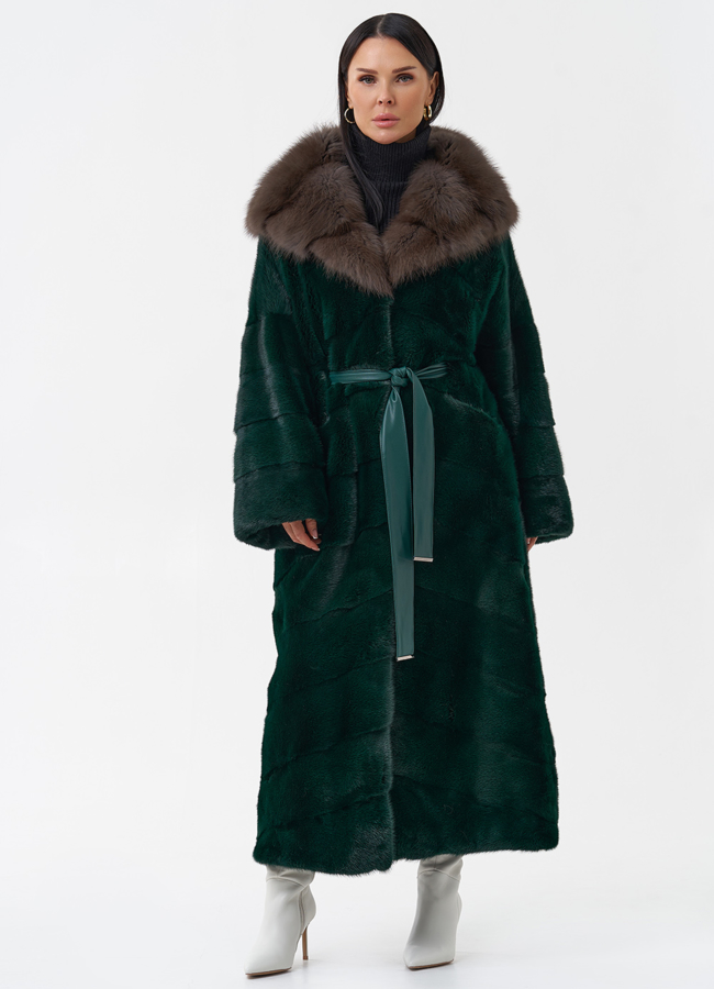 Длинная зеленая шуба из норки модель № 29253 меха малина