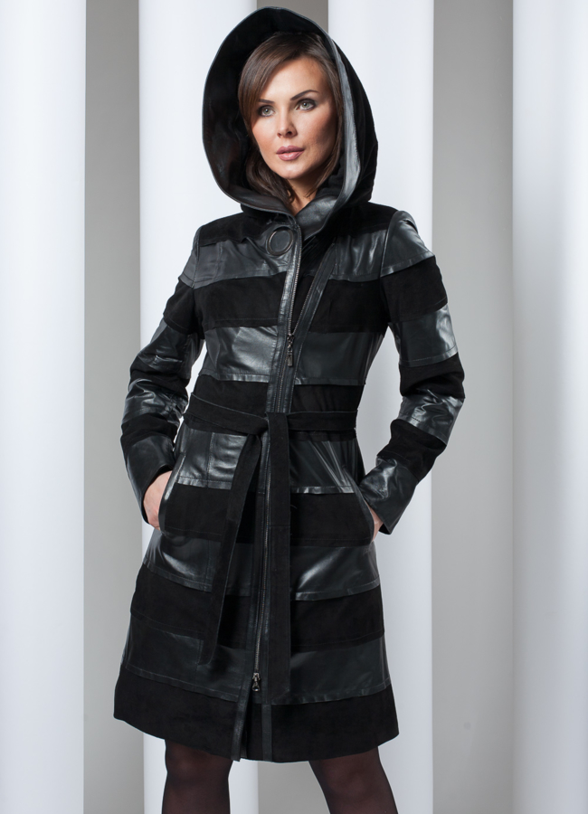 фото Кожаный плащ с капюшоном кожа/замша модель № K-73