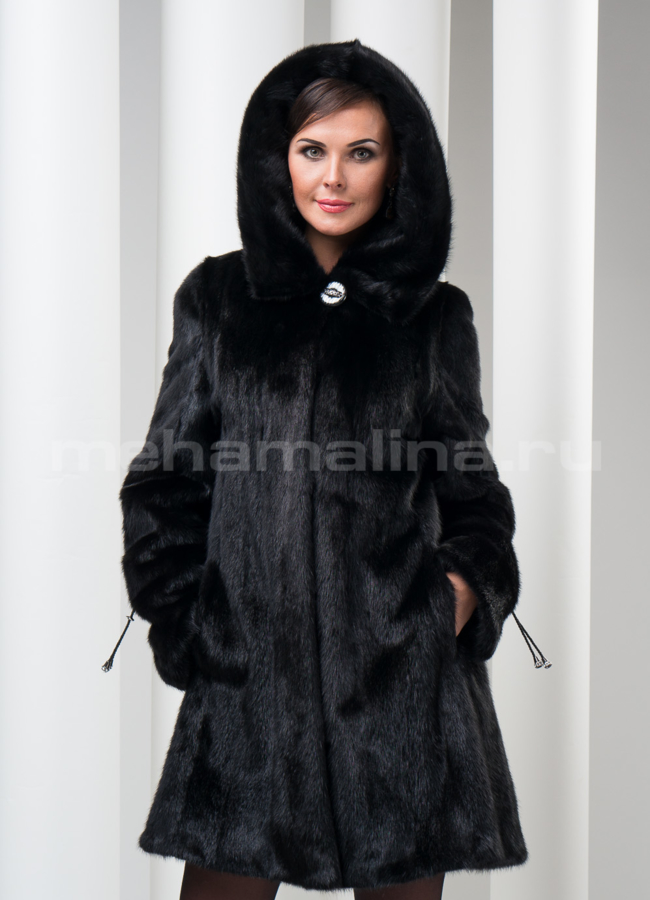 Шуба норка черная, с капюшоном модель № S-160 меха малина Шуба норка черная, с капюшоном модель № S-160 меха малина