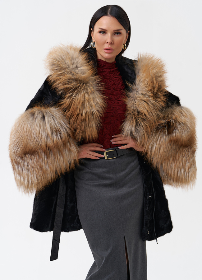 Шуба из скандинавской норки с лисой модель № 29216 универмаг малина